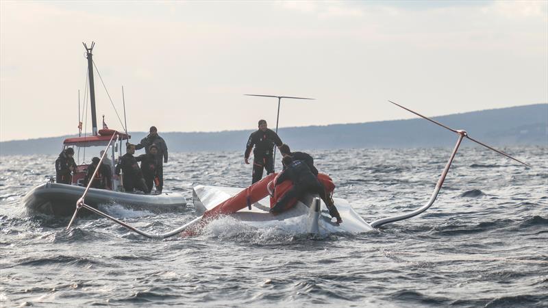 1607hrs: Bags being taken aboard - also shown is the relative angles of the foil arms - boat is not heeled significantly - LEQ12 -  February 8, 2023 - Mallorca photo copyright Ugo Fonolla / America's Cup taken at Royal Yacht Squadron and featuring the AC40 class