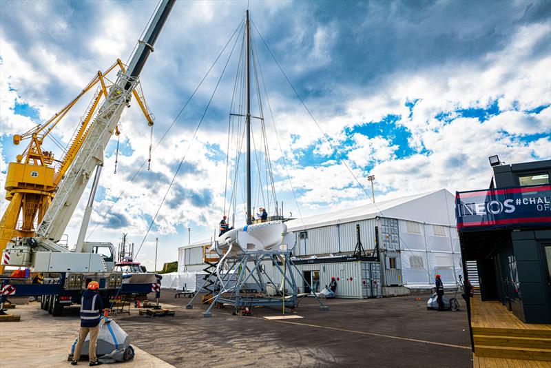 INEOS Britannia - AC40 - roll out and mast stepping - February 10, 2023 - photo © Ugo Fonolla / America's Cup