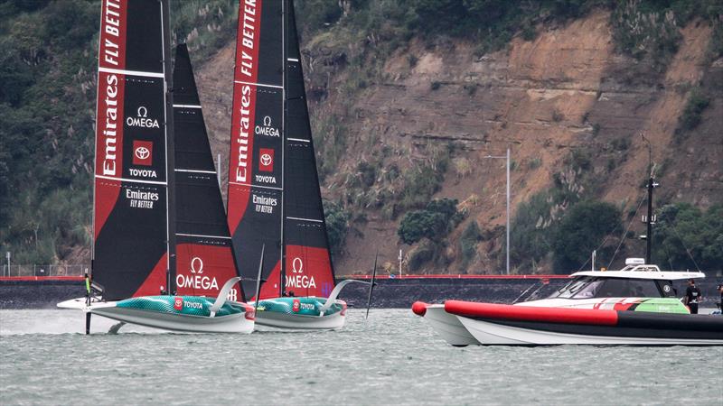 Emirates Team New Zealand  -  LEQ12 and AC40 - Day 21 - February 27, 2023 - Waitemata Harbour, Auckland NZ photo copyright Adam Mustill / America's Cup taken at Royal New Zealand Yacht Squadron and featuring the AC40 class