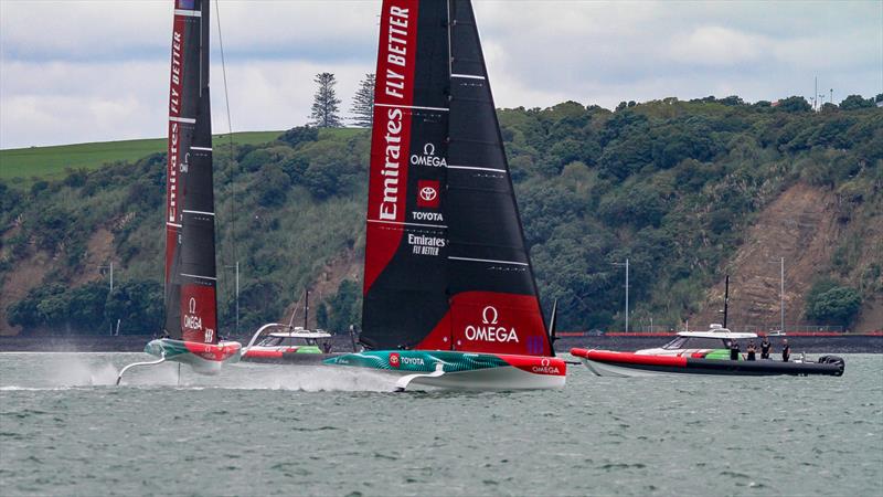 Emirates Team New Zealand  -  LEQ12 and AC40 - Day 21 - February 27, 2023 - Waitemata Harbour, Auckland NZ photo copyright Adam Mustill / America's Cup taken at Royal New Zealand Yacht Squadron and featuring the AC40 class