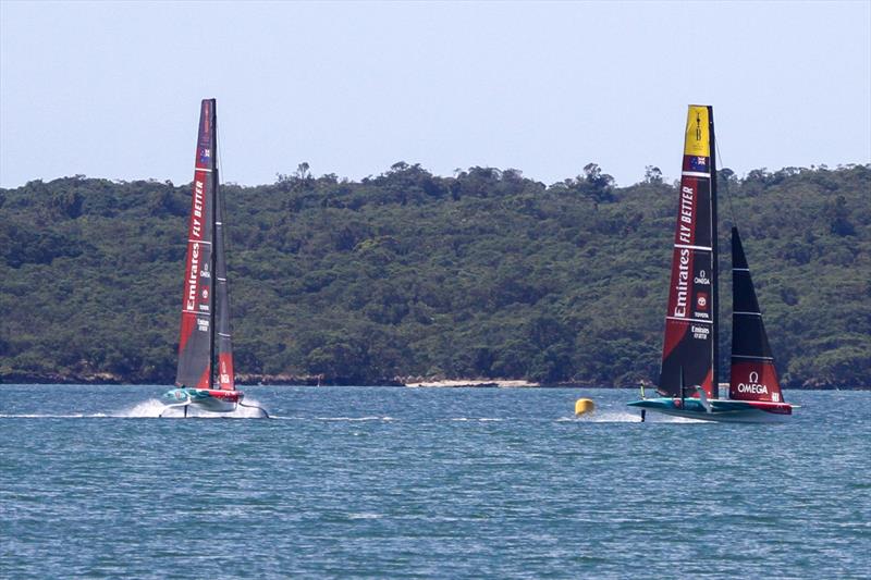 Emirates Team New Zealand  -  LEQ12 and AC40 in a practice start -  Day 22 - February 28, 2023 - Waitemata Harbour, Auckland NZ photo copyright Richard Gladwell - Sail-World.com/nz taken at Royal New Zealand Yacht Squadron and featuring the AC40 class