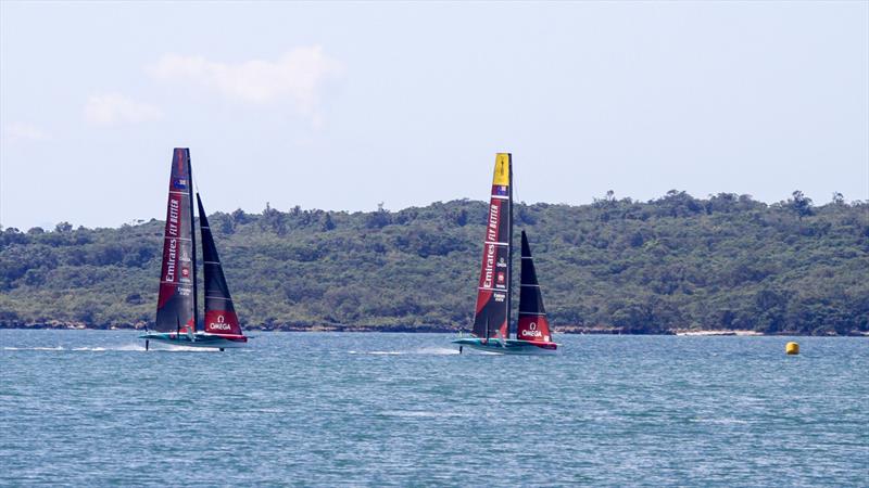 Emirates Team New Zealand  -  LEQ12 and AC40 - start a practice race - Day 22 - February 28, 2023 - Waitemata Harbour, Auckland NZ photo copyright Richard Gladwell - Sail-World.com/nz taken at Royal New Zealand Yacht Squadron and featuring the AC40 class