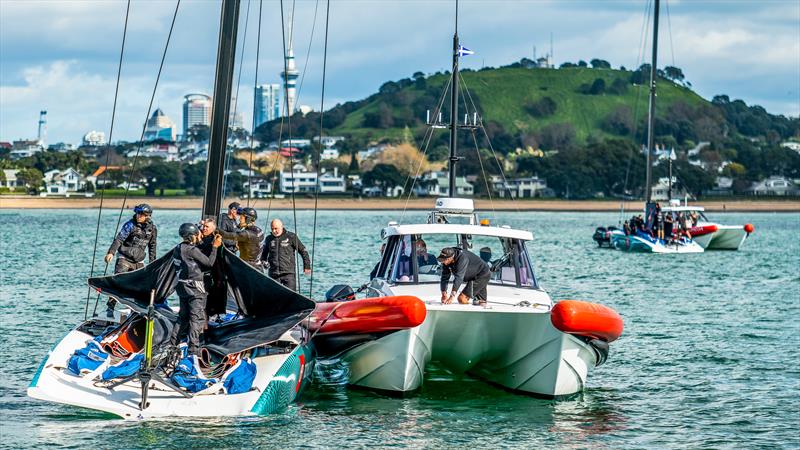 The two AC-40's set up off Cheltenham Beach - Emirates Team New Zealand - AC40 - LEQ12 - Day 23, May 17, 2023 - photo © Adam Mustill/America's Cup