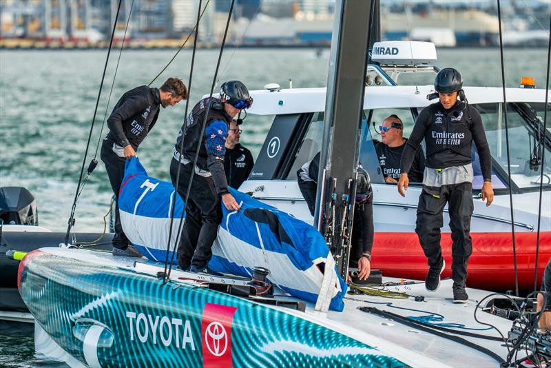 Chief Designer Dan Bernasconi (at rear)  - Emirates Team New Zealand - AC40 - LEQ12 - Day 23, May 17, 2023 photo copyright Adam Mustill/America's Cup taken at Royal New Zealand Yacht Squadron and featuring the AC40 class