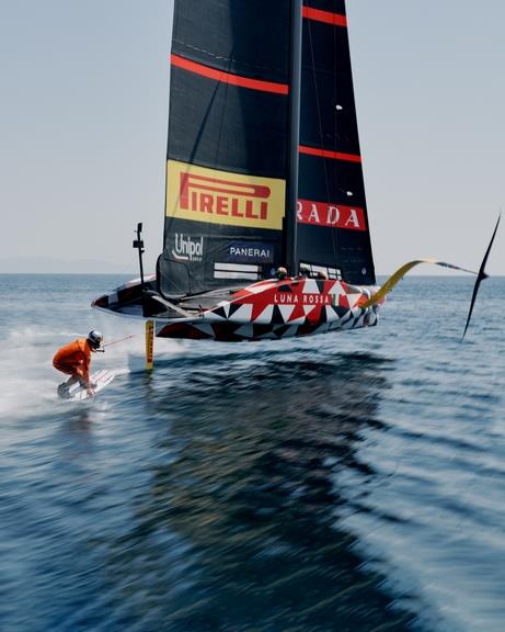 Nikolas Plytas, Greek water sports champion towed by the LEQ12 prototype in Cagliari - photo © Adam Klingeteg
