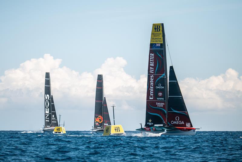 Emirates Team New Zealand leads Alinghi Red Bull Racing and INEOS Britannia -  America's Cup Practice - AC40 - Day 2 - Barcelona - September 2023 photo copyright America's Cup Media taken at Real Club Nautico de Barcelona and featuring the AC40 class