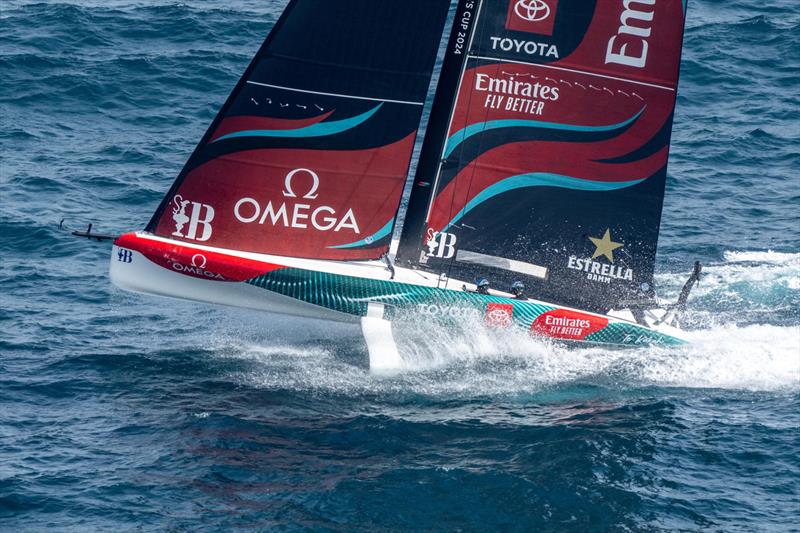 Emirates Team NZ in a foil-fall - America's Cup Preliminary Regatta - Day 3 -  Vilanova - September 17, 2023 photo copyright America's Cup Media taken at Club Náutic Vilanova and featuring the AC40 class