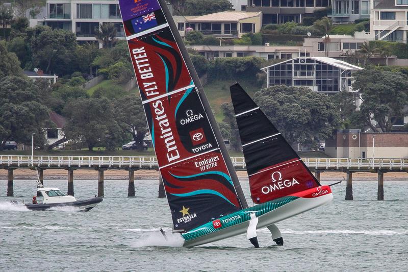 Emirates Team New Zealand foil-stands at the end of Friday's session - AC40 - Day 44 - Auckland - November 15, 2023 photo copyright Richard Gladwell - Sail-World.com/nz taken at Royal New Zealand Yacht Squadron and featuring the AC40 class