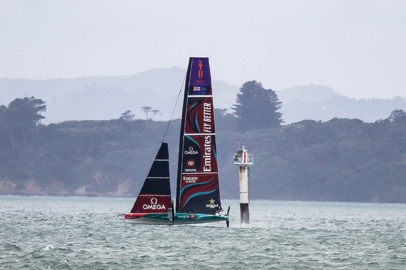Emirates Team New Zealand passes Northern Leading which has a now casting station - AC40 - Day 44 - Auckland - November 17, 2023 photo copyright Richard Gladwell - Sail-World.com/nz taken at Royal New Zealand Yacht Squadron and featuring the AC40 class