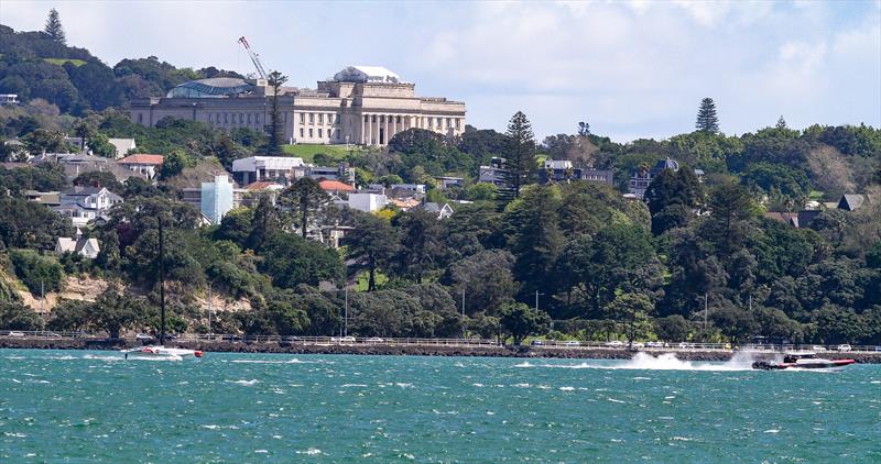Emirates Team NZ tows home overlooked by the Auckland Museum - October 31, 2025 photo copyright Richard Gladwell - Sail-World.com/nz taken at Royal New Zealand Yacht Squadron and featuring the AC40 class
