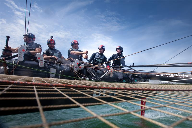 The Duchess of Cabridge takes the helm on Land Rover BAR's T1. (L-R) Nick Hutton, Paul Campbell-James, David Carr, Sir Ben Ainslie, The Duchess of Cambridge photo copyright Harry KH / Land Rover BAR taken at  and featuring the AC45 class