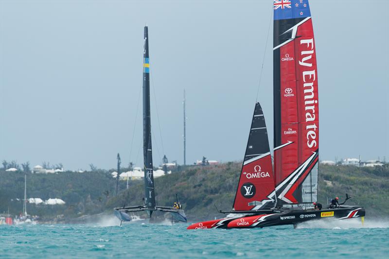 Tight racing between Emirates Team New Zealand and Artemis Racing on day two of the Louis Vuitton America's Cup Challenger Playoffs photo copyright Richard Hodder / ETNZ taken at  and featuring the AC50 class