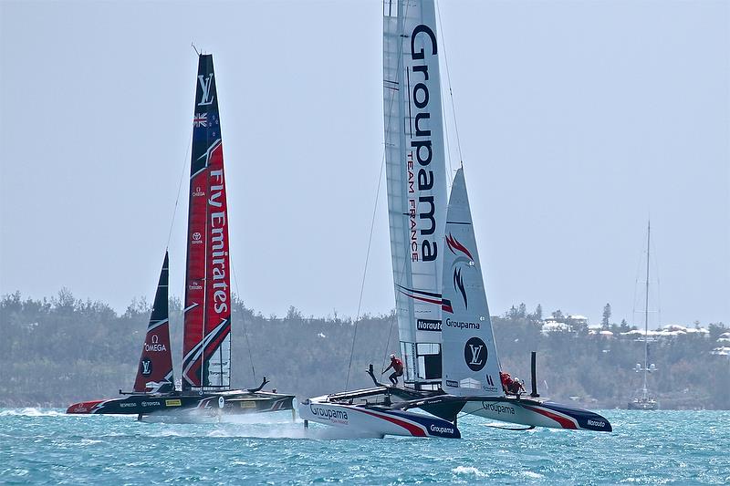 Emirates Team New Zealand on Leg 5, Groupama Team France yet to gybe and round on Leg 4 - Race 10, Round Robin2, America's Cup Qualifier - Day 7, June 2, 2017 (ADT) - photo © Richard Gladwell