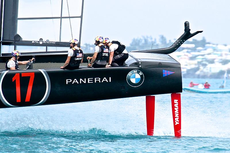 Tom Slingsby pedals hard Oracle Team USA - the hybrid grinding position was later removed in a weight saving measure - - Round Robin 2, Day 7 - 35th America's Cup - Bermuda June 2, 2017 photo copyright Richard Gladwell taken at  and featuring the AC50 class