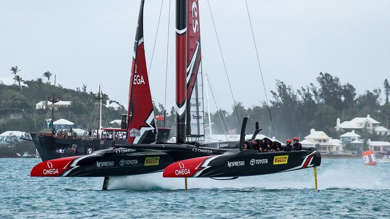 Emirates Team NZ emerges out of the murk in Bermuda at the end of the final race of Day 1 of the Challenger Finals - Bermuda, June 10, 2017 - photo © Richard Gladwell - Sail-World.com/nz
