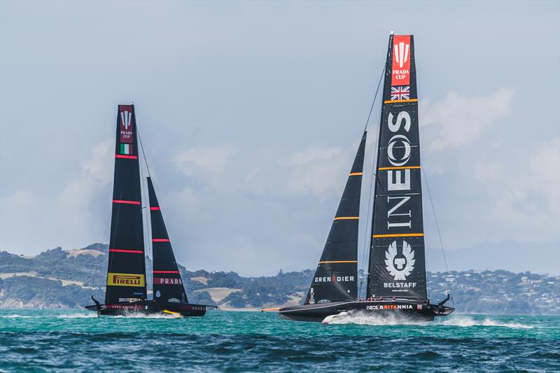 BRITANNIA racing against Luna Rossa during official racing practice ahead of the PRADA Cup photo copyright C Gregory / INEOS TEAM UK taken at  and featuring the AC75 class