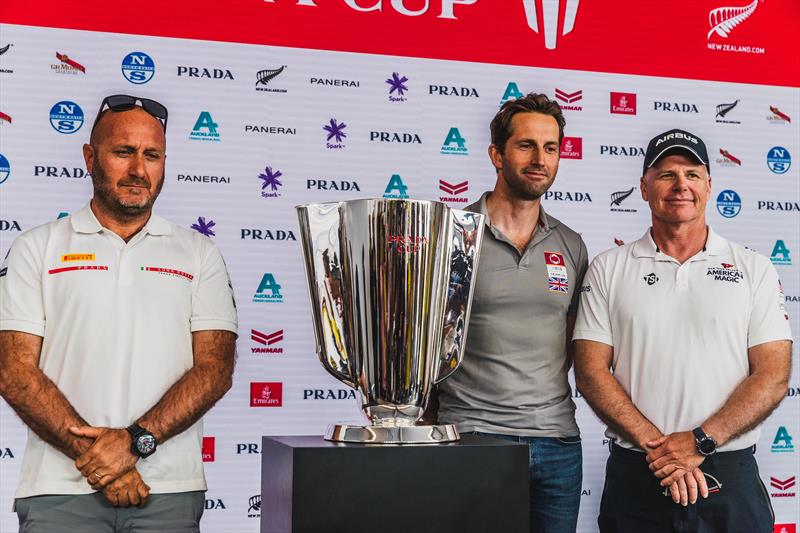 Ben Ainslie with Terry Hutchinson and Max Sirena, representing the three Challengers for the PRADA Cup photo copyright C Gregory / INEOS TEAM UK taken at  and featuring the AC75 class