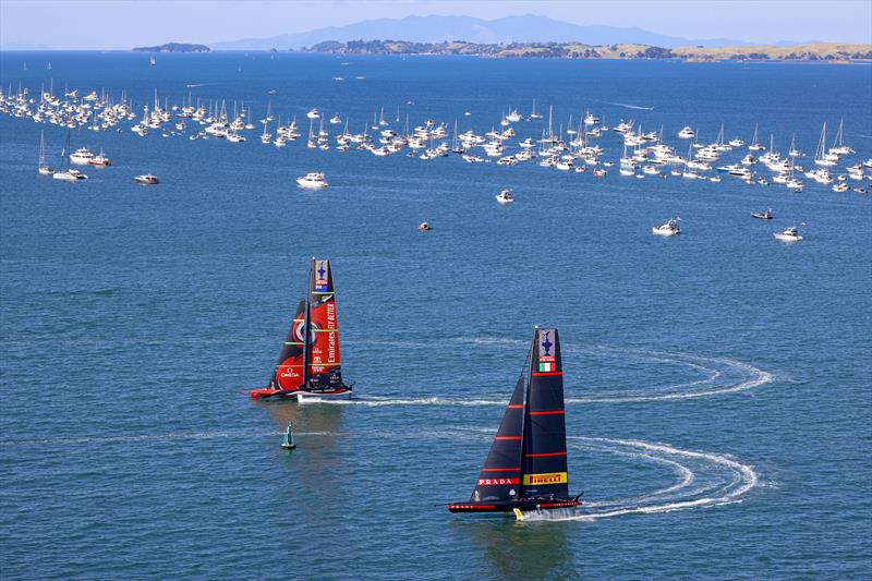 America's Cup match day 3 - Emirates Team New Zealand and Luna Rossa Prada Pirelli gybe in the pre-start of race 5 photo copyright ACE / Studio Borlenghi taken at Royal New Zealand Yacht Squadron and featuring the AC75 class