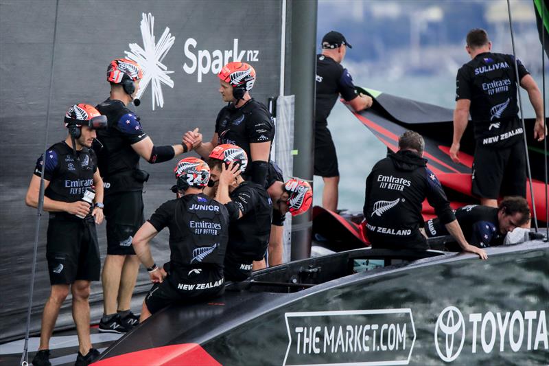 America's Cup match day 6 - Emirates Team New Zealand at the end of a good day photo copyright ACE / Studio Borlenghi taken at Royal New Zealand Yacht Squadron and featuring the AC75 class