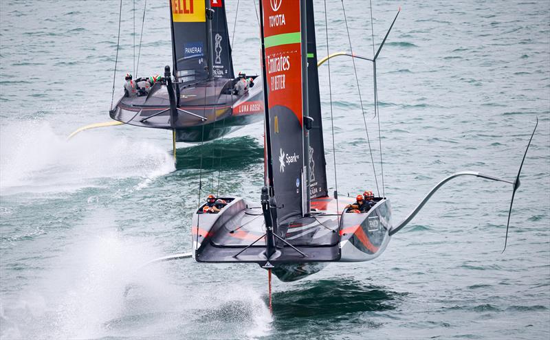 America's Cup match day 6 - Luna Rossa Prada Pirelli and Emirates Team New Zealand battle it out in race 9 photo copyright ACE / Studio Borlenghi taken at Royal New Zealand Yacht Squadron and featuring the AC75 class