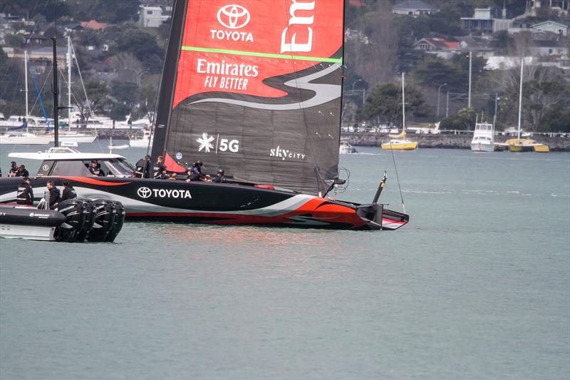 Emirates Team New Zealand sailing briefly on the Waitemata Harbour in light winds with the hydraulics to control the boom and clew of the mainsail clearly visible - September 19, 2019 photo copyright Richard Gladwell taken at Royal New Zealand Yacht Squadron and featuring the AC75 class