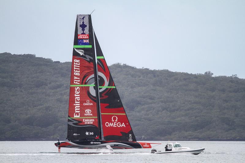 Emirates Team New Zealand foiling under tow on the Waitemata Harbour in light winds - September 19 photo copyright Richard Gladwell taken at Royal New Zealand Yacht Squadron and featuring the AC75 class