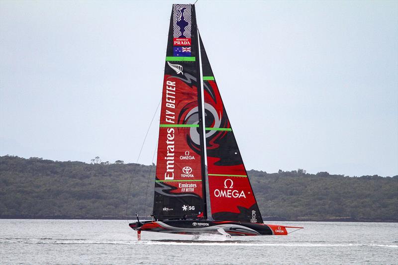 Emirates Team New Zealand still under tow on the Waitemata Harbour in light winds - September 19, 2019 photo copyright Richard Gladwell taken at  and featuring the AC75 class