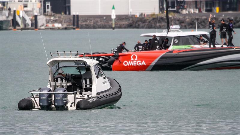 Luna Rossa spy boat in close attendance, with long lens at the ready - surveillance rules have been relaxed for the 36th America's Cup - September 19, 2019 photo copyright Richard Gladwell taken at Royal New Zealand Yacht Squadron and featuring the AC75 class