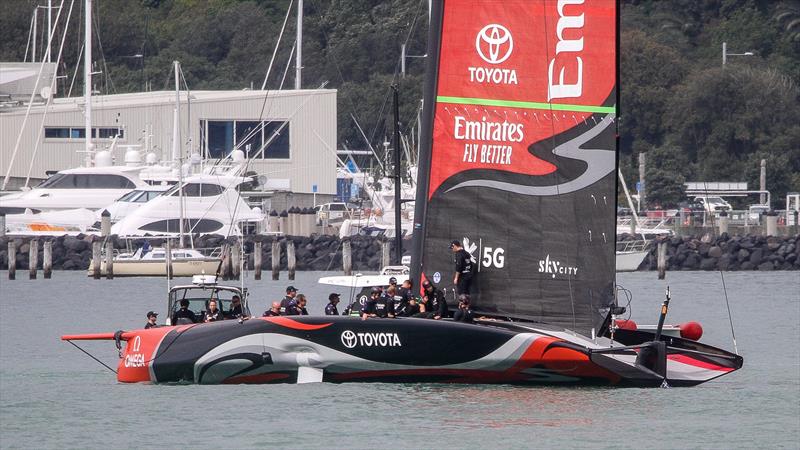 Emirates Team New Zealand mainsail foot and support spar and the hydraulic adjustment - September 19, 2019 photo copyright Richard Gladwell taken at Royal New Zealand Yacht Squadron and featuring the AC75 class