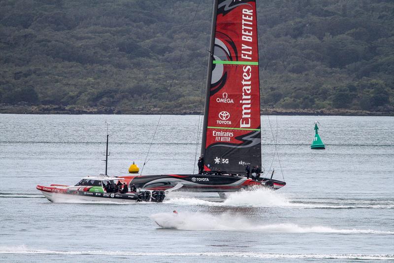 Emirates Team New Zealand under tow - chasing the wind- September 19, 2019 photo copyright Richard Gladwell taken at Royal New Zealand Yacht Squadron and featuring the AC75 class