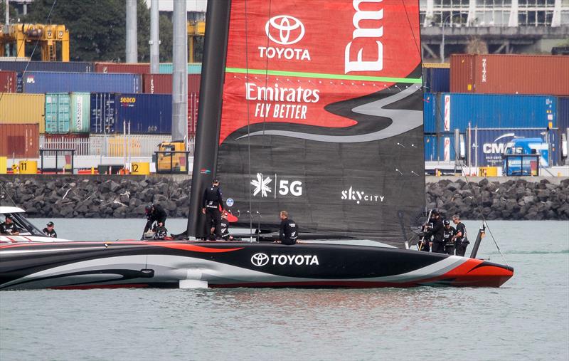 Emirates Team New Zealand - Deck sweeper mainsail with support spar holding clew- Waitemata Harbour - Day 3 - September 19, 2019 photo copyright Richard Gladwell taken at Royal New Zealand Yacht Squadron and featuring the AC75 class