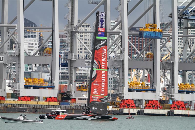 Emirates Team New Zealand - Large foretriangle and mast positioned well aft as required by the AC75 class rule - Waitemata Harbour - Day 3 - September 19, 2019 photo copyright Richard Gladwell taken at Royal New Zealand Yacht Squadron and featuring the AC75 class