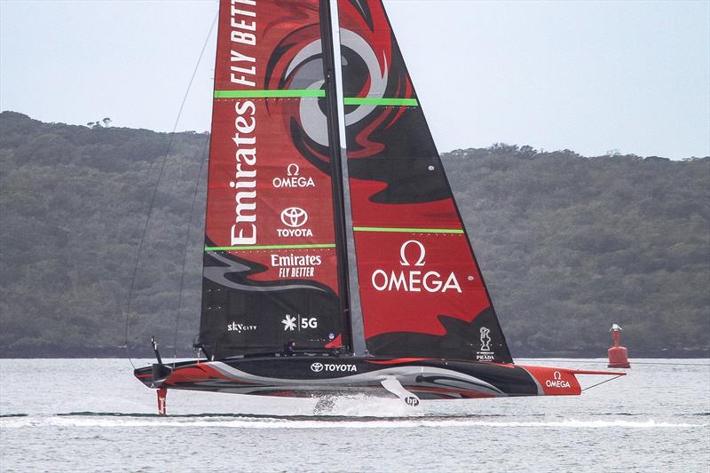 Emirates Team New Zealand foiling under a fast tow in light winds on the Waitemata Harbour - September 19 photo copyright Richard Gladwell taken at Royal New Zealand Yacht Squadron and featuring the AC75 class