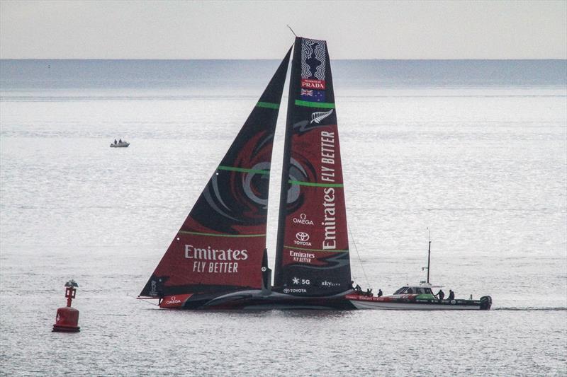 Emirates Team New Zealand clears the chase boat before sailing with a Code Zero in light airs on the Hauraki Gulf, October 8, 2019 - photo © Richard Gladwell