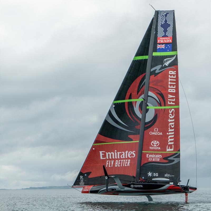Te Aihe flies high in winds of 4-5kts before an issue with the tack of the AC75's Code Zero which blew up a few minutes after the first sail with the big extra photo copyright Emirates Team New Zealand taken at Royal New Zealand Yacht Squadron and featuring the AC75 class