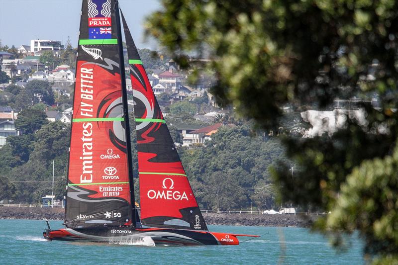 Emirates Team NZ's first AC75 Te Aihe doing warm-up laps on the Waitemata ahead of a seven hour training session - November 4, 2019 photo copyright Richard Gladwell / Sail-World.com taken at Royal New Zealand Yacht Squadron and featuring the AC75 class