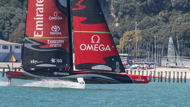 Emirates Team NZ's first AC75 Te Aihe doing warm-up laps on the Waitemata ahead of a seven hour training session - November 4, 2019 photo copyright Richard Gladwell / Sail-World.com taken at Royal New Zealand Yacht Squadron and featuring the AC75 class