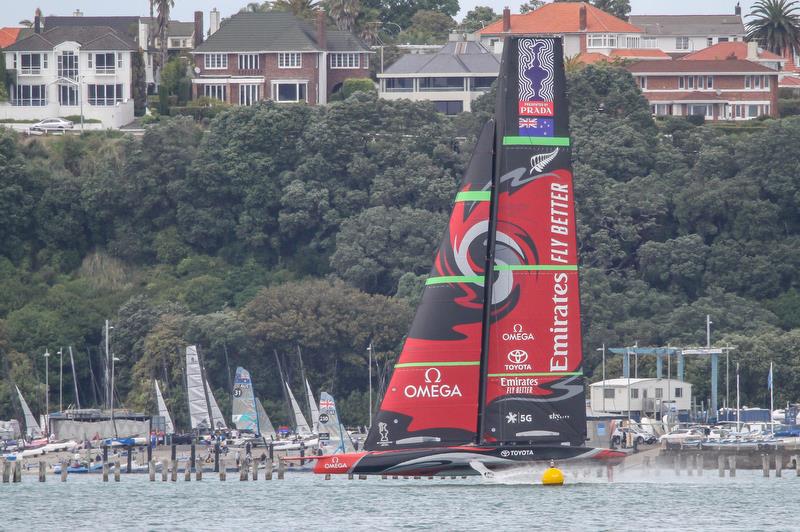 Emirates Team New Zealand gets amongst the 49ers ahead of the 2019 Hyundai World Championship - Waitemata Harbour - November 19, 2019 photo copyright Richard Gladwell / Sail-World.com taken at Royal New Zealand Yacht Squadron and featuring the AC75 class