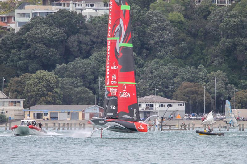 Emirates Team New Zealand gets amongst the 49ers ahead of the 2019 Hyundai World Championship - Waitemata Harbour - November 19, 2019 photo copyright Richard Gladwell / Sail-World.com taken at Royal New Zealand Yacht Squadron and featuring the AC75 class