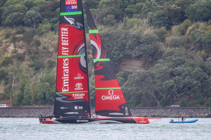 Emirates Team New Zealand gets amongst the 49ers ahead of the 2019 Hyundai World Championship - Waitemata Harbour - November 19, 2019 photo copyright Richard Gladwell / Sail-World.com taken at Royal New Zealand Yacht Squadron and featuring the AC75 class