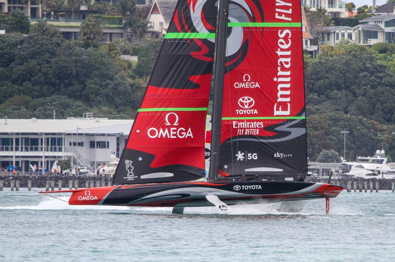 Emirates Team New Zealand gets amongst the 49ers ahead of the 2019 Hyundai World Championship - Waitemata Harbour - November 19, 2019 photo copyright Richard Gladwell / Sail-World.com taken at Royal New Zealand Yacht Squadron and featuring the AC75 class