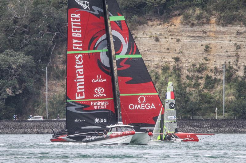 Emirates Team New Zealand gets amongst the 49ers ahead of the 2019 Hyundai World Championship - Waitemata Harbour - November 19, 2019 photo copyright Richard Gladwell / Sail-World.com taken at Royal New Zealand Yacht Squadron and featuring the AC75 class