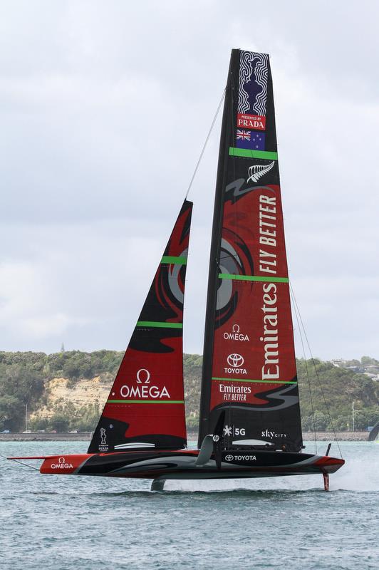 Te Aihe with her #2 jib in the 20kt winds - Emirates Team New Zealand - Waitemata Harbour - November 20, 2019 photo copyright Richard Gladwell / Sail-World.com taken at Royal New Zealand Yacht Squadron and featuring the AC75 class