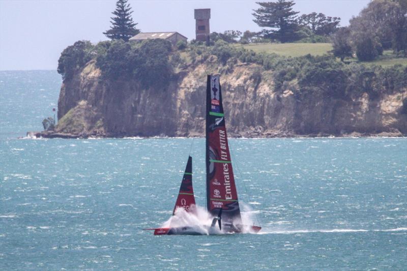 Te Aihe does a regulation splashdown - Emirates Team New Zealand - Waitemata Harbour - November 22, 2019 photo copyright Richard Gladwell / Sail-World.com taken at Royal New Zealand Yacht Squadron and featuring the AC75 class