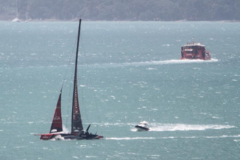 Te Aihe is joined by a spy boat as she heads home - Emirates Team New Zealand - Waitemata Harbour - November 22, 2019 photo copyright Richard Gladwell / Sail-World.com taken at Royal New Zealand Yacht Squadron and featuring the AC75 class