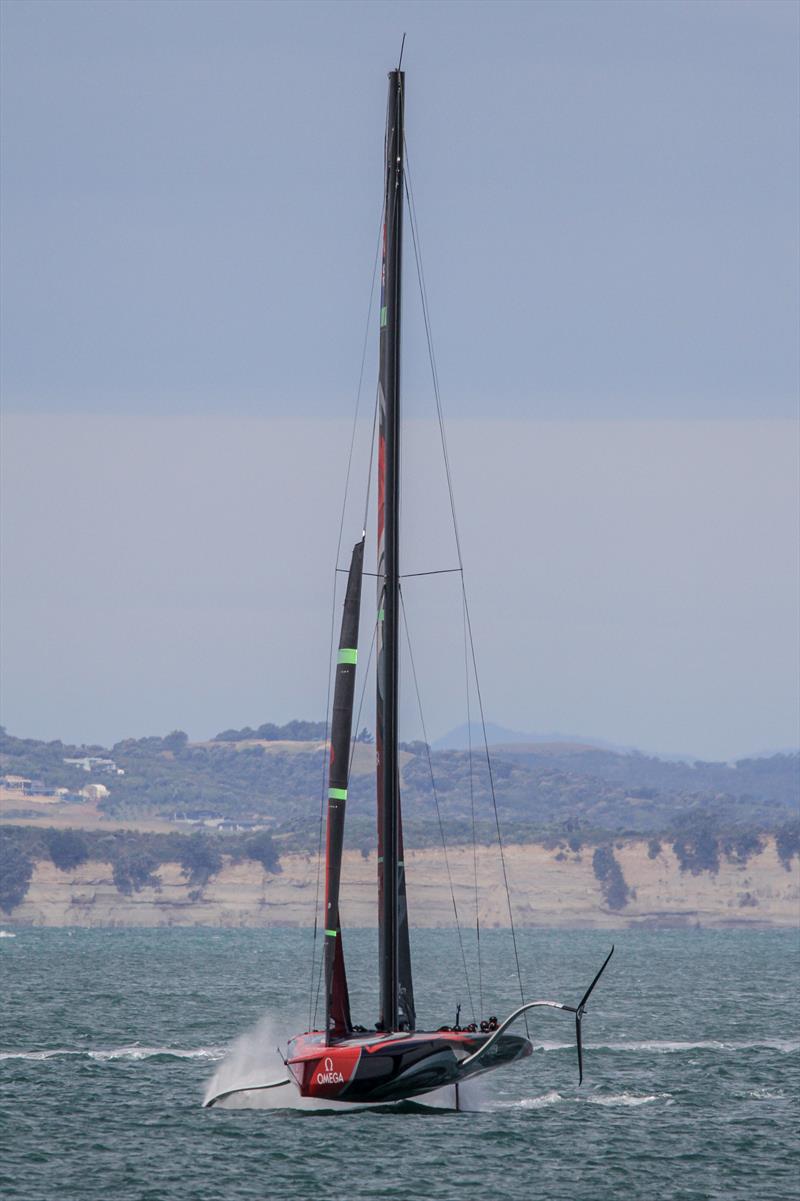 Emirates Team New Zealand - AC75 - Te Aihe - appears to have stayed with the full width wing design concept - pictured pre Xmas, with bowsprit - on December 11, 2019, Waitemata Harbour photo copyright Richard Gladwell / Sail-World.com taken at Royal New Zealand Yacht Squadron and featuring the AC75 class
