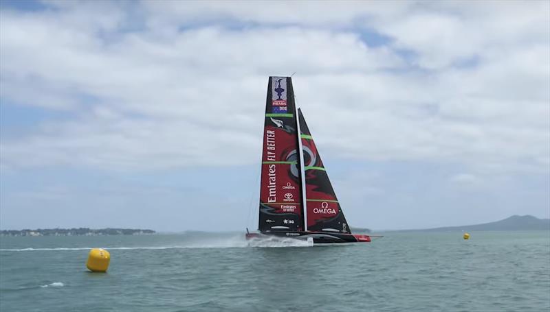 Te Aihe continues her practice session in The Paddock off eastern Beach around laid marks - Emirates Team New Zealand AC75, Te Aihe, capsize - December 19, 2019 photo copyright Emirates Team New Zealand taken at Royal New Zealand Yacht Squadron and featuring the AC75 class