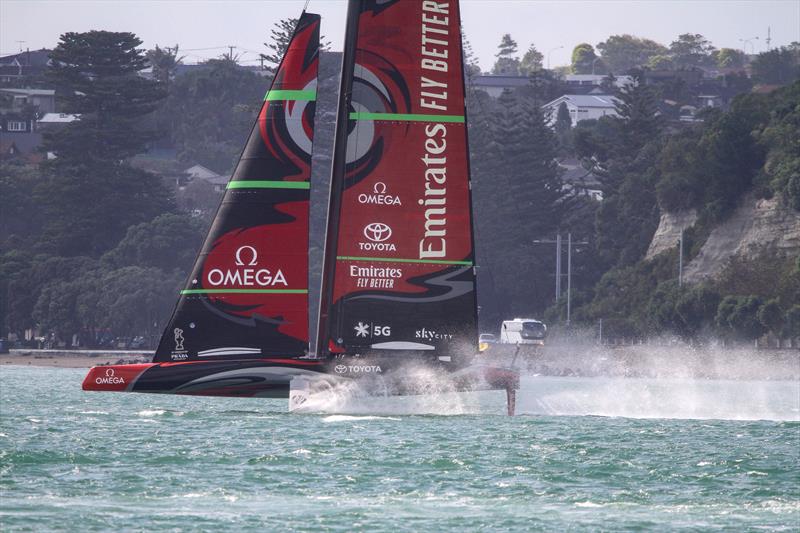 Emirates Team New Zealand's AC75 sailing at the entrance to the inner Waitemata Harbour - January 10, 2019 - photo © Richard Gladwell / Sail-World.com