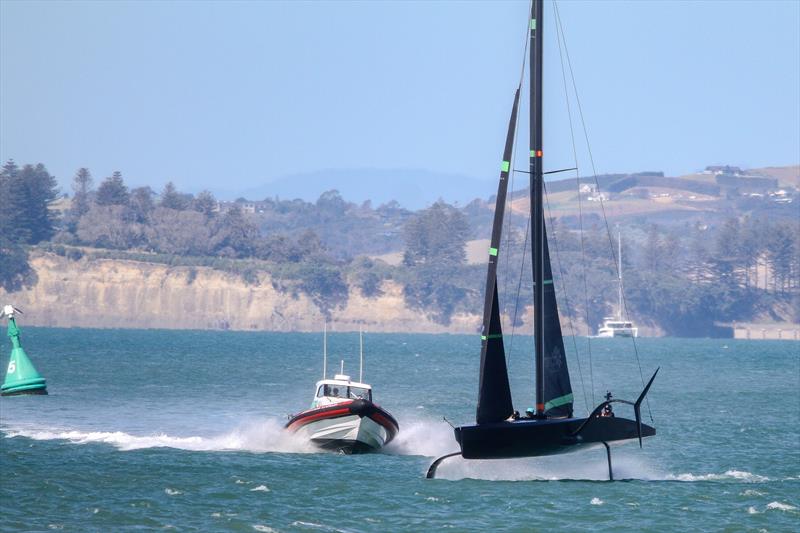 Foiling high - Te Kahu - Emirates Team NZ's test boat - Waitemata Harbour - February 11, 2020 photo copyright Richard Gladwell / Sail-World.com taken at Royal New Zealand Yacht Squadron and featuring the AC75 class