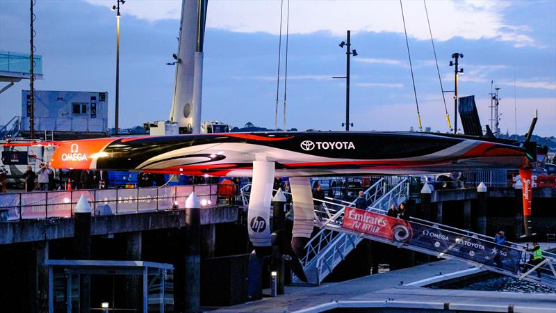 Emirates Team New Zealand's Te Arihe hangs suspended ahead of her naming - Waitemata - AC75, Auckland, September 6, 2019 - photo © Richard Gladwell / Sail-World.com